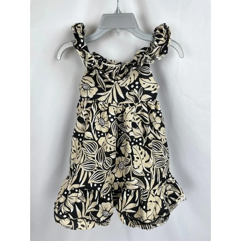 Tommy Bahama Dress Girl 5T Black Tan Hawaiian Tropical Ruffle Sleeveless Linen